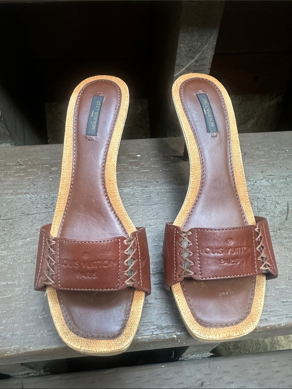 Louis Vuitton  Brown  Leather and Wooden High Heel Sandals